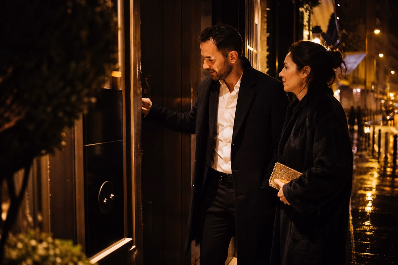 Un couple en tenue de soirée s’arrête devant l’entrée discrète d’un club, la nuit.