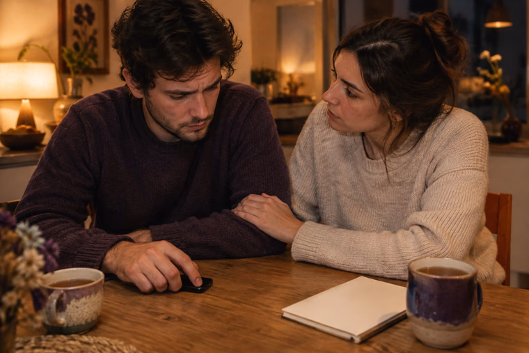 Un homme inquiet, téléphone retourné sur la table, est réconforté par une amie dans une cuisine le soir.