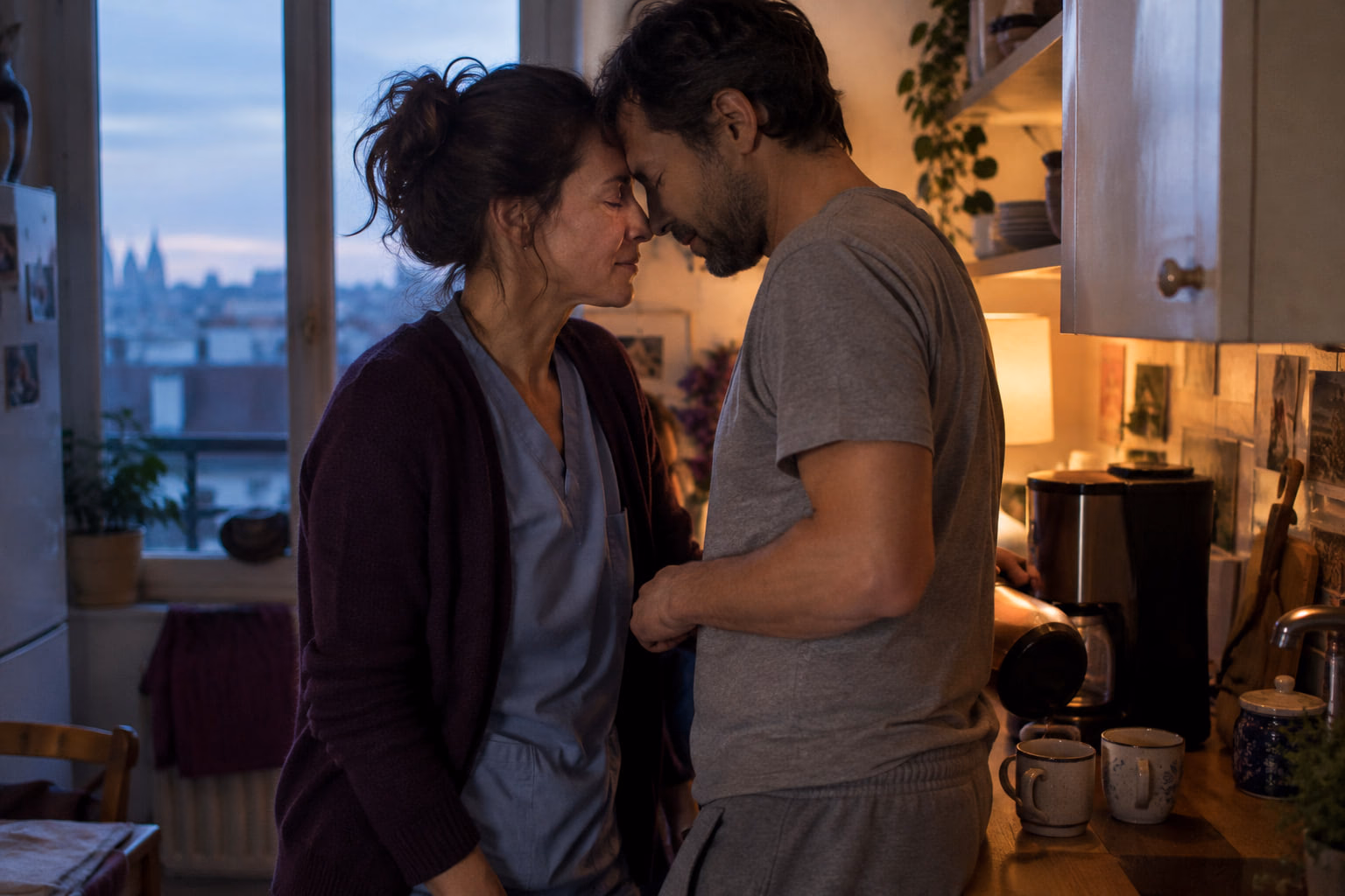 Au petit matin, une soignante rentrée de garde et son compagnon qui part travailler partagent un moment de tendresse dans la cuisine.
