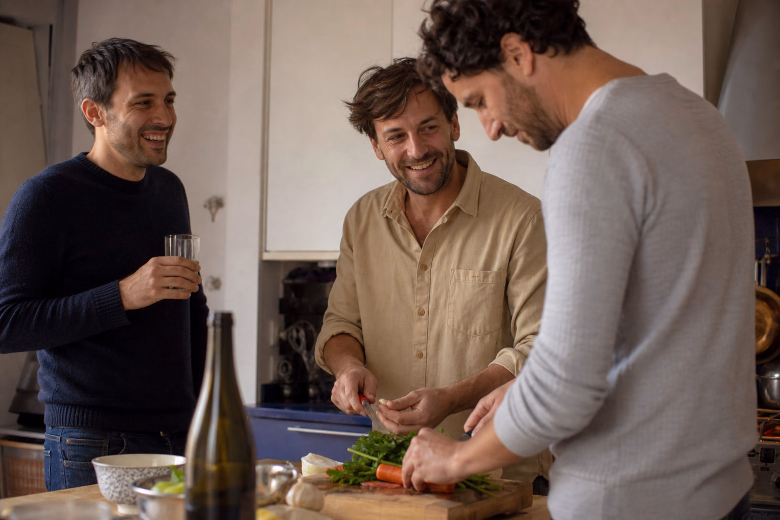 Trois hommes préparent le dîner ensemble dans la cuisine de leur appartement.